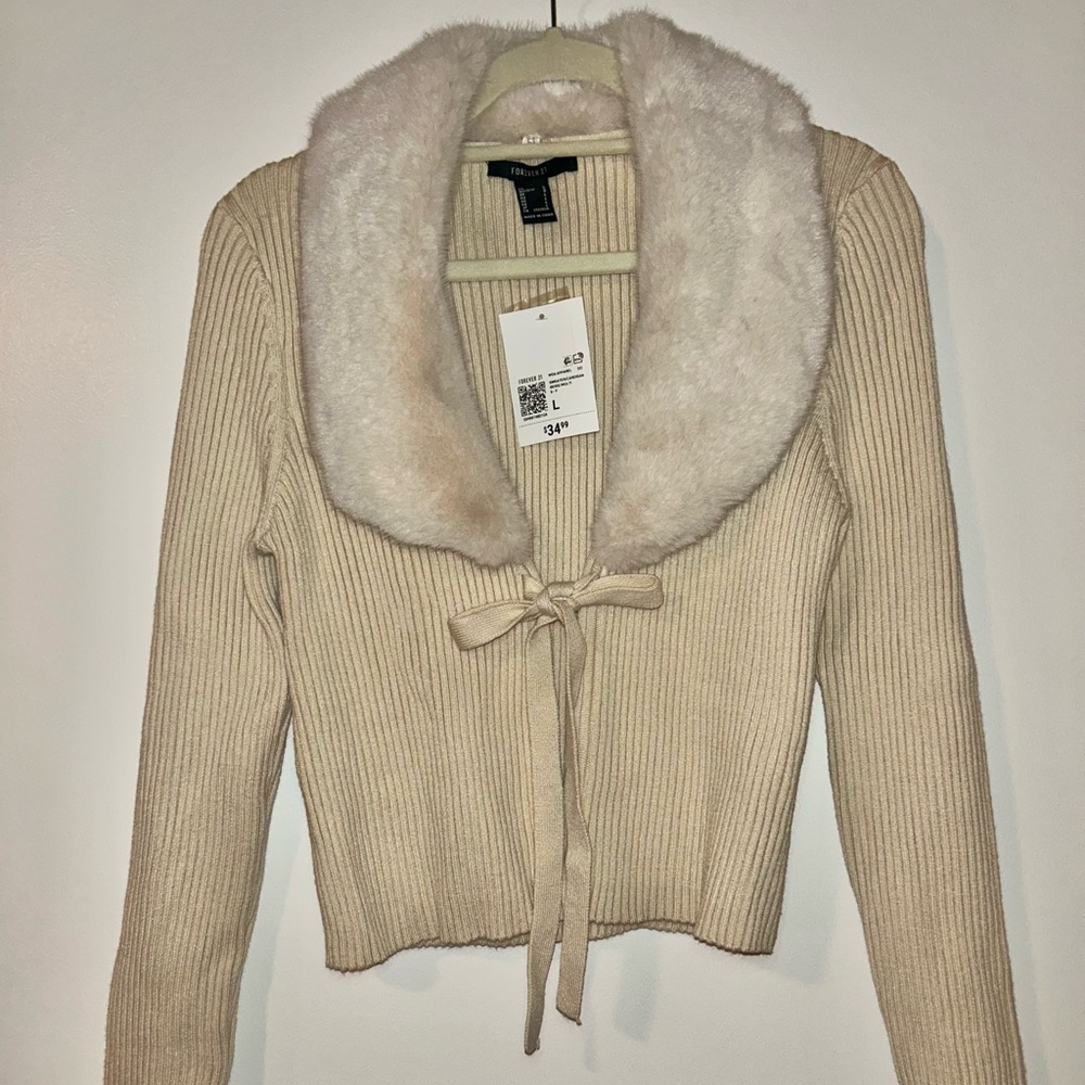 Forever 21 Cream Cardigan Sweater with Ribbed Details
